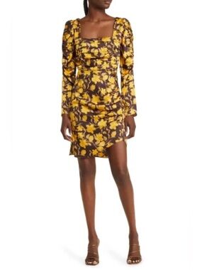 NWOT Floret Studios Brown Yellow Floral Ruched Mini Dress Size L